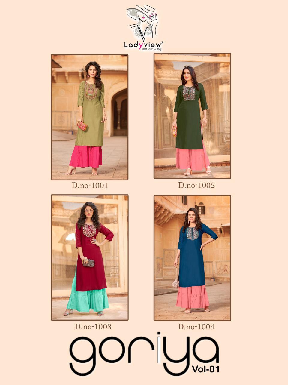 Ladyview Goriya 1 Latest  Rayon Printed Fancy Embroidery work Party Wear Kurti With Sharara Collection